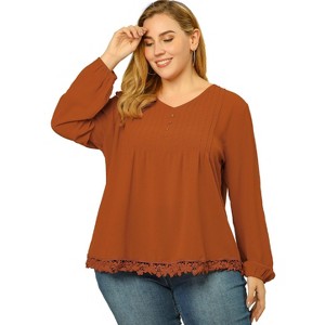 Agnes Orinda Women's Plus Size Fashion Pleated Lace Trim Hem V Neck Long Sleeve Solid Blouses - 1 of 4