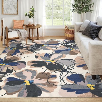Rugs, Modern Bright Floral Low Pile Non-Slip Area Rugs Washable Indoor Floor Throw Carpet for Bedroom Office Dining Room