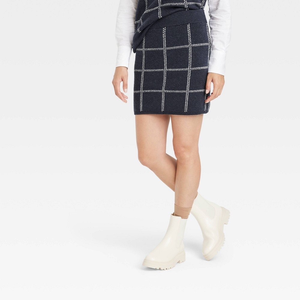 Women's Mini Sweater Skirt - A New Day Navy Blue Windowpane XS