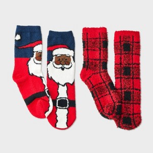Kids' 2pk Santa & Plaid Cozy Crew Socks with Gift Card Holder - Wondershop™ Navy Blue/Red - 1 of 3