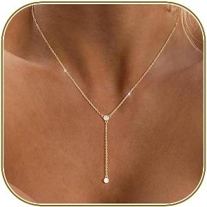 14K Gold Plated/Silver Lariat Necklace - Y-Shaped Layered Beaded Chain for Women - 1 of 4