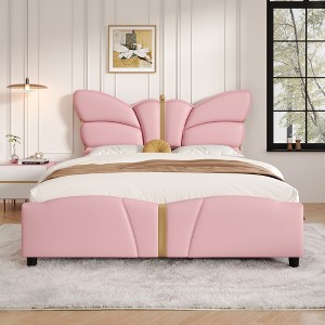Queen Size Upholstered Platform Bed with Butterfly Shaped Headboard and Footboard for Bedroom or Guest Room - 1 of 4