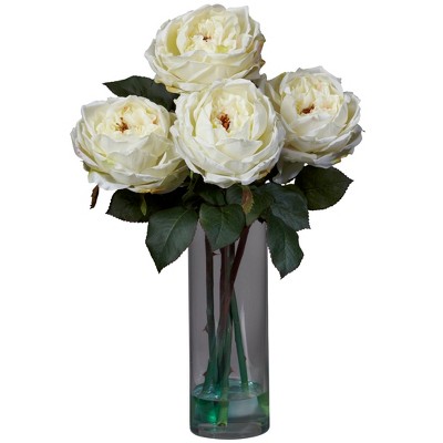 Nearly Natural Fancy Rose with Cylinder Vase Silk Flower Arrangement, White