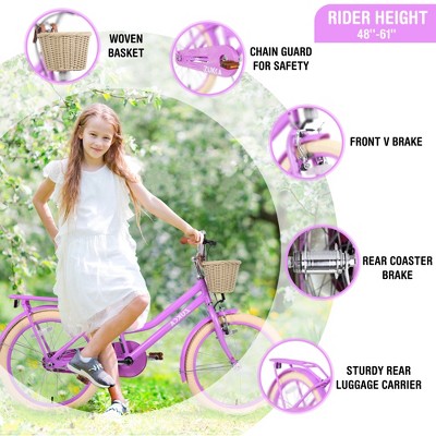 YONWAY 20 Inch Girls Bike, Princess Girls Kids Single Speed Bike, Beach Cruiser for Kids, With Basket And Bell Adjustable Seat Height For Kids