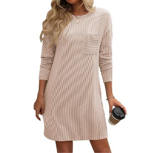 Womens Long Sleeve Dress Tiny Stripes Texutred Shift Dress Crew Neck Shirts Dress with Faux Pockets Fall Mini Lounge Dress - 1 of 4