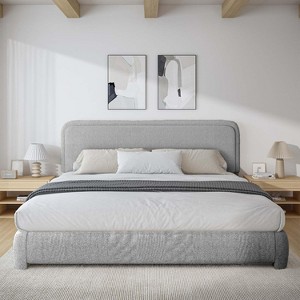 Dyonery Full Size Upholstered Bed Frame with Headboard, Soft Rounded Corners, No Box Spring Required, Adjustable Headboard, Easy Assembly, Beige - 1 of 4