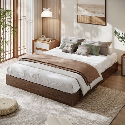Coucheta Solid Wood Platform Bed, Sturdy Solid Wood Slats, Floor-Standing Frame, Modern Minimalist Space-Saving Design, No Box Spring Needed