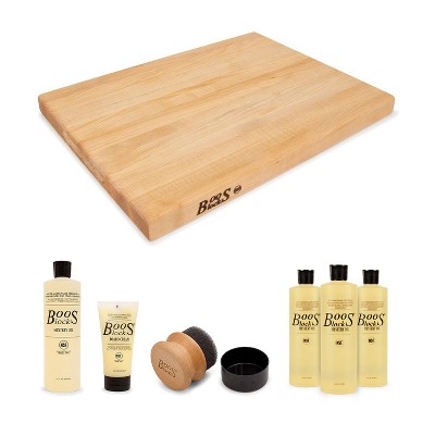 John Boos Maple Wood Edge Grain Reversible Cutting Board, 18 x 12 x 1.5 Inches and 6 Piece Maintenance Set with Mystery Oil