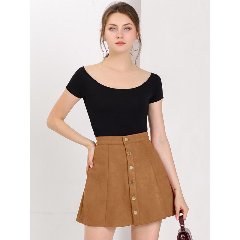 Allegra K Women's Faux Suede Button Front A-Line High Waisted Mini Short Skirt, 3 of 6