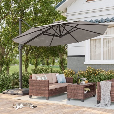 Sonkuki 11FT Outdoor Cantilever Patio Umbrella w/Base and Aluminium Pole, 360° Rotation and Infinite Canopy Angle Adjustment