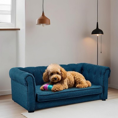 Elevated Dog Bed with Backrest and Armrests, 38.9"x23.2"x13.7" H Tufted Pet Sofa with Soft Cushion for Medium Dogs, Bed Pet Couch Chair, Blue