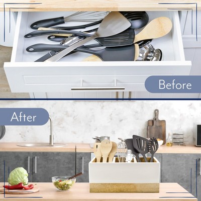White and Natural Mango Wood 3-Compartment Utensil Holder