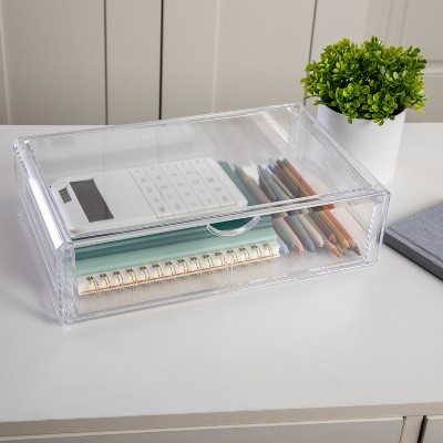 Martha Stewart Plastic Stackable Office Desktop Organizer with Pullout Drawer Clear