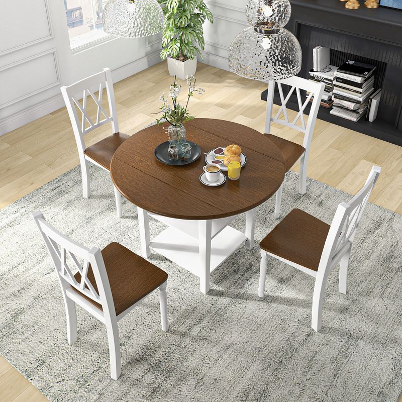 Tangkula 5 Piece Round Dining Kitchen Set w/ Drop Leaf Dining Table Folded & 4 Chairs, 2 of 11