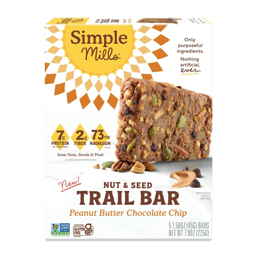Simple Mills Nut & Seed Trail Snack Bar Peanut Butter Chocolate Chip - 7g Protein - 7.9oz/5ct