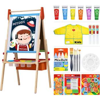 MEEDEN Easel for Kids, Double-Sided All-in-one Wooden Art Easel, Kids Art Easel Set with Paper Rolls, Magnetic Easel with Whiteboard & Chalkboard