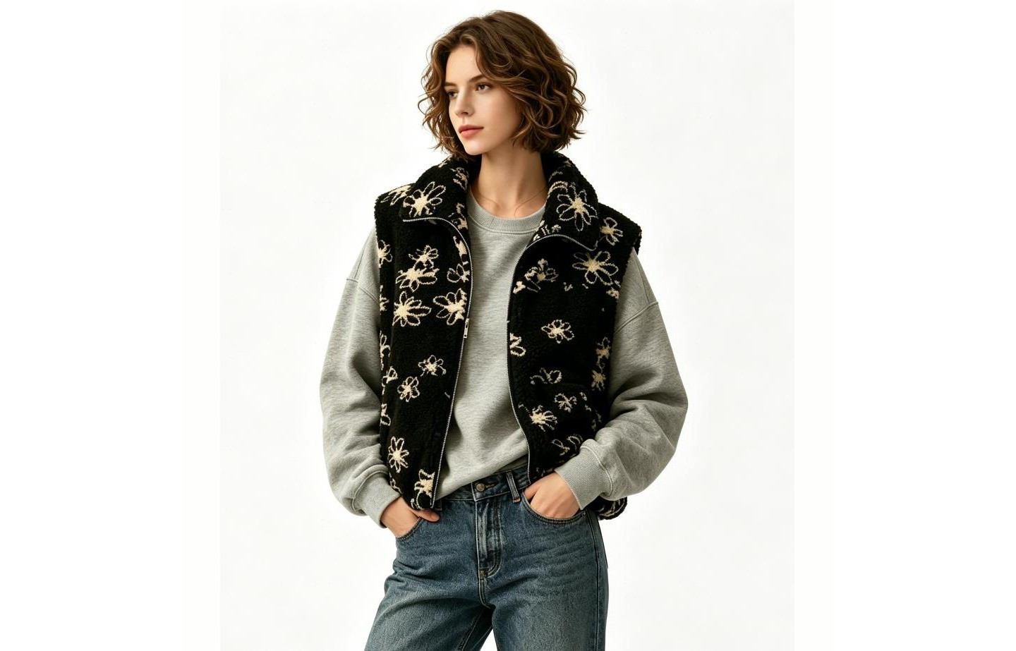 Женский жилет YesFashion Fleece Floral Vest Casual Sleeveless Full Length Zip Up Sleeveless Collared Fashion Winter Outerwear with Pockets M Black, цвет: С принтом — фото 2