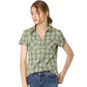 INSPIRE CHIC Women's Classic Short Sleeve Button Down Plaid Shirt - 1 of 4