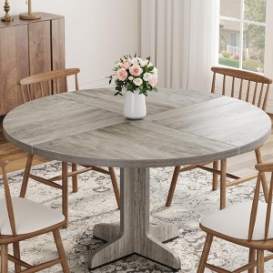 Jojoka 47" Farmhouse Round Dining Table with Wood Tabletop and Sturdy Base, Circle Kitchen Table for 4 for Dining Room, Living Room - 1 of 4