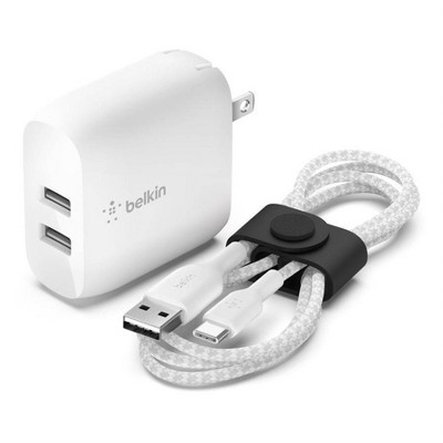 Photo 1 of Belkin 2.4A/2x12W 2-Port USB-A Home Charger with 3.3 Braided USB-A to USB-C cable with strap - White