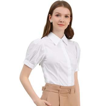 Allegra K Women's Puff Short Sleeve Collared Cotton Work Office Button Down Shirt