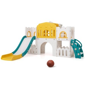 Safstar All in 1 Toddle Slide Playset Freestanding Kids Slide w/ Tunnel, Basketball Hoop - 1 of 4