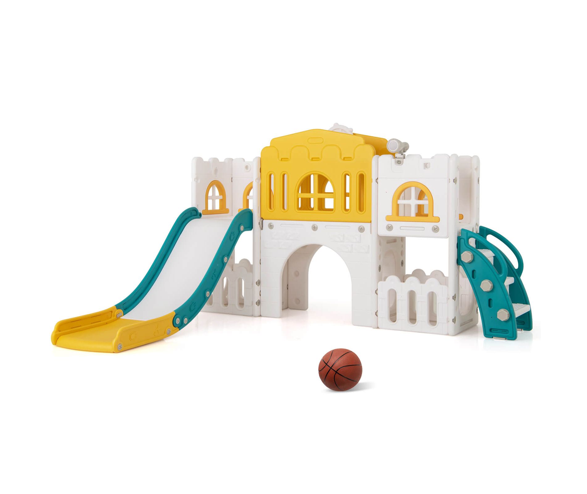 Costway All in 1 Toddle Slide Playset Freestanding Kids Slide with Tunnel, Basketball Hoop Yellow+Green