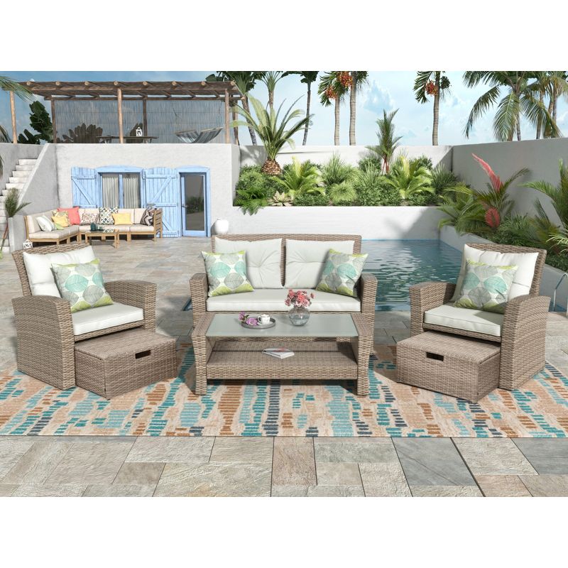 Eden 6 Piece Outdoor Conversation Set All Weather Wicker Sectional Sofa with Ottoman and Cushions Patio Furniture Set-Maison Boucle, 5 of 12