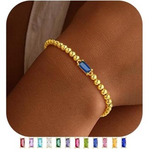 Dainty Birthstone Bracelet for Women - Elastic 14K Gold Plated Bead Bracelets Trendy Friendship Birthday Jewelry Gifts for Women - 1 of 4