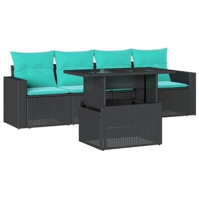 vidaXL Patio Sofa Set with Cushions and Table Outdoor 5 Piece Poly Rattan - Black without storage