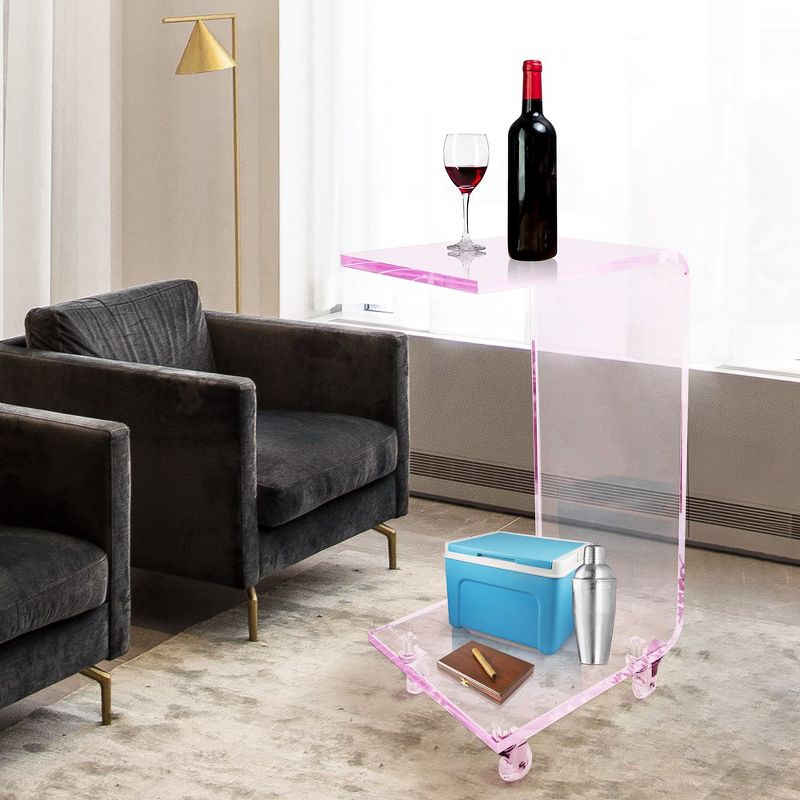 Designstyles Luxurious Acrylic C Shaped Table With Pink edge, on Wheels, Beautiful Living Room Decor, Perfect For Sofas and Beds, 2 of 6