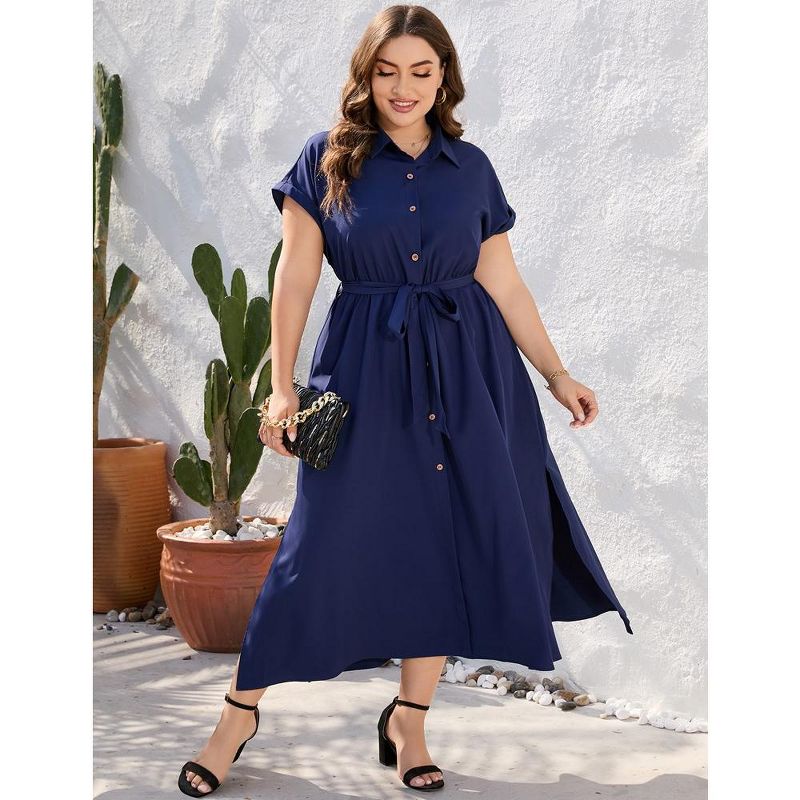 Plus Size Maxi Dresses for Women Summer Tie Belt Work Polo Dress Business Casual Button Down Dress, 2 of 7