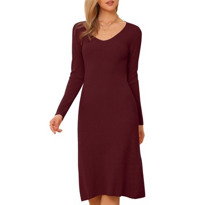 INSPIRE CHIC Women's V Neck Long Sleeve Ribbed Knit Midi Sweater Dresses
