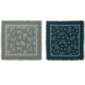 Storied Home 4-Piece Square Linen Printed Napkins with Pine Bough Patterns and Frayed Edges, Teal, Sage and Cream Color - 1 of 2