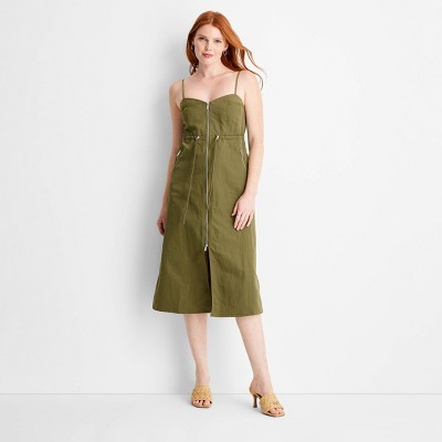 Women's Nylon Zip-Front Midi Dress - Future Collective Olive Green