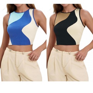 INSPIRE CHIC Women's Color Block Summer Crew Neck Ribbed Sleeveless Crop Going Out Tank Tops 2 Packs - 1 of 4