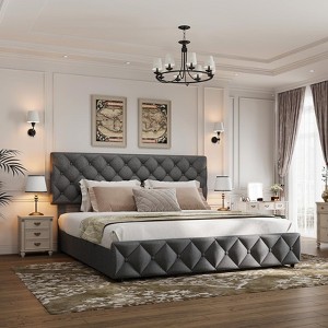 Platform Bed Frame with 4 Drawers, Linen Upholstered Bed Frame with Adjustable Diamond Button Tufted Headboard, Noise Free - 1 of 4