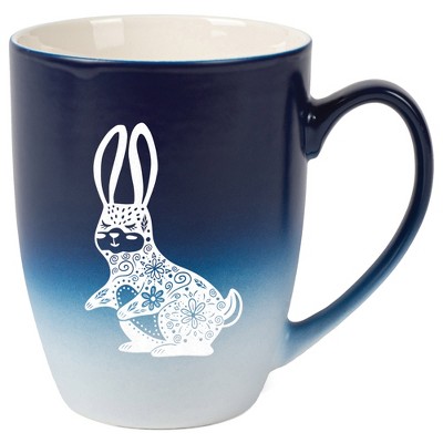 Elanze Designs 12 Ounce Vibrant Two Toned Ombre Ceramic Tea Coffee Cup Mug Blue White Gentle Floral Rabbit