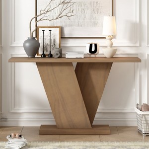 HDZNVF Console Table with Natural Wood Veneer, V-Base Design for Classic Versatility, Brown - 1 of 4