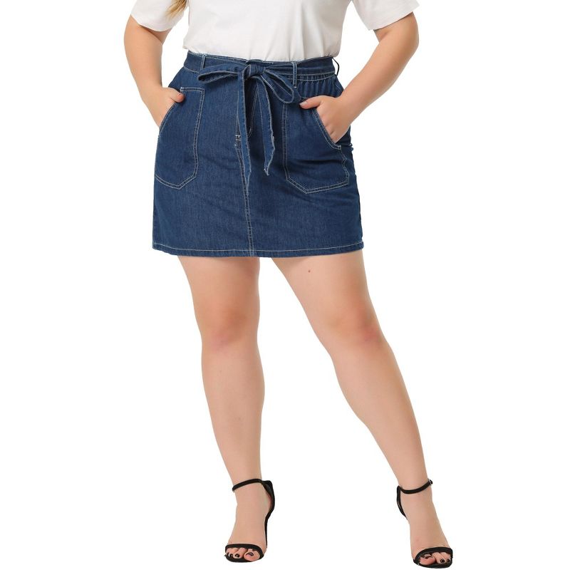 Agnes Orinda Women's Plus Size Denim Detachable Tie Button Front Mini Skirts with Pocket, 1 of 6