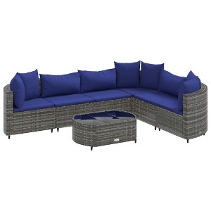 vidaXL Patio Sofa Set with Cushions Lounge Setting Outdoor Furniture Poly Rattan - Gray and Blue 6-Piece - 1 of 4