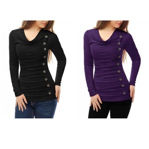 Allegra K Women's Cowl Neck Long Sleeves Buttons Decor Ruched Top 2 Pcs - 1 of 4