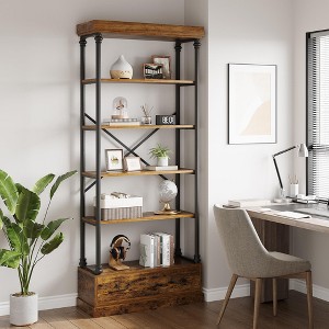 Bookshelf with Drawers Tall Bookcase 5 Tier Bookshelves Vintage Bookshelf Metal Frame Farmhouse Corner Shelf Display Shelf Storage - 1 of 4