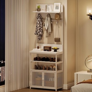 Hall Tree Coat Rack, 185cm White Narrow Entryway Organizer – 7 Hooks 3-Tier Shoe Shelf Metal Frame MDF Cabinet for Mudroom/Bedroom/Hallway - 1 of 4