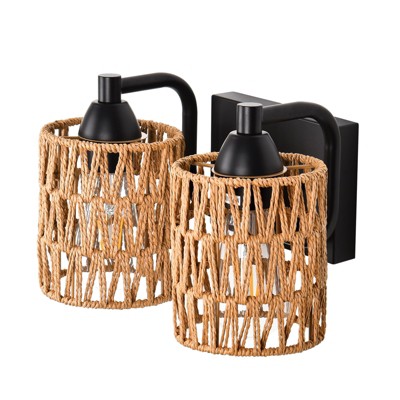 PAKOKULA 2-Light Boho Matte Black Vanity Light with Yellow Woven Shade