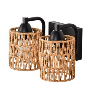 PAKOKULA 2-Light Boho Matte Black Vanity Light with Yellow Woven Shade - 1 of 4