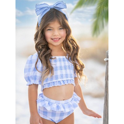 Mia Belle Girls Blue Skies Gingham Puff Sleeve Two-Piece Swimsuit Mia Belle Girls, Blue, 10 — фото 2