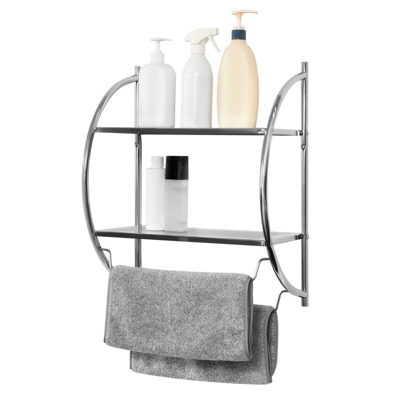 Juvale Wall Mounted 2 Tier Storage Organizer Shelf for Bathroom & Kitchen, Chrome Metal Shower Caddy with 2 Swing Towel Rack, 1 of 12