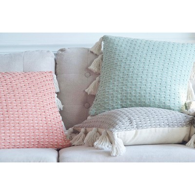 Beige Woven Square Throw Pillow with Tassels