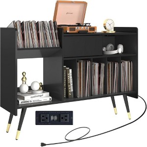 TIRAMISUBEST Black Vinyl Record Player Stand with Large Storage, Turntable Cabinet with Charging Station, and Elegant Sliding Door - 1 of 4